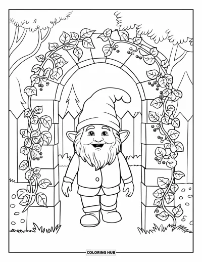 Desenho de gnomo de verão para colorir para adultos: Um gnomo passa por um arco de folhas cheio de frutas silvestres e flores