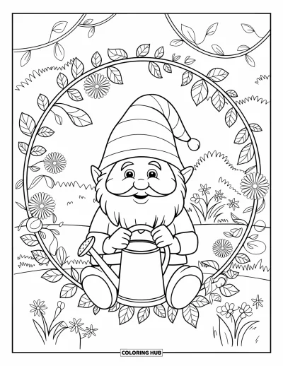 Desenho de gnomo de verão para colorir para adultos: Um gnomo descansa com um regador em um jardim repleto de flores