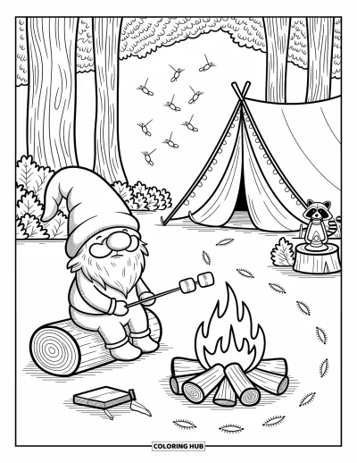 Desenho de gnomo de verão para colorir para adultos: Um gnomo assa marshmallows junto a uma fogueira perto de uma barraca com vaga-lumes brilhantes