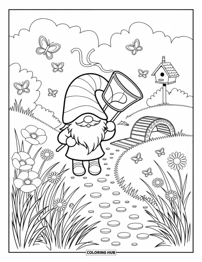 Desenho de gnomo de verão para colorir para adultos: Um gnomo corre com uma rede de borboletas perto de flores e uma pequena ponte