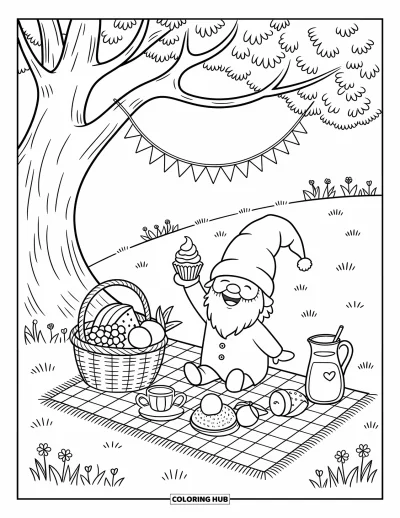 Desenho de gnomo de verão para colorir para adultos: Um gnomo senta em uma manta de piquenique saboreando um cupcake com frutas e limonada