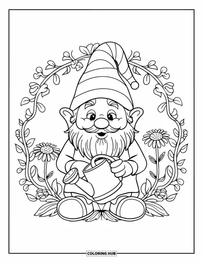 Desenho de gnomo de verão para colorir para adultos: Um gnomo senta com um regador cercado por cipós e flores de verão