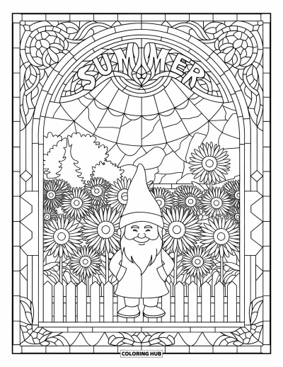 Desenho de gnomo de verão para colorir para adultos: Um gnomo sorri em um jardim de girassóis emoldurado por padrões de vitral de verão
