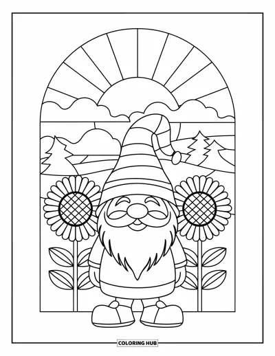 Desenho de gnomo de verão para colorir para adultos: Um gnomo entre girassóis altos sob um céu de vitral iluminado
