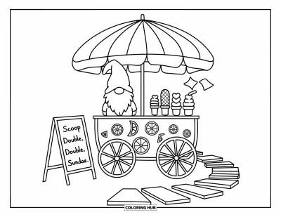 Desenho de gnomo de verão para colorir para adultos: Um gnomo se posta orgulhoso ao lado de um carrinho de sorvete com guardanapos voando na brisa