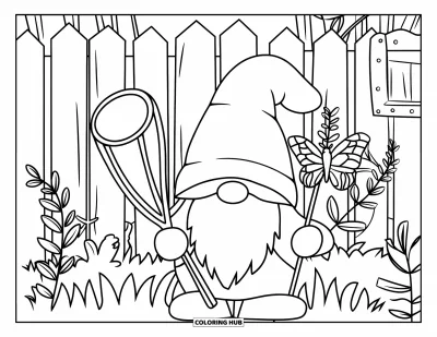 Desenho de gnomo de verão para colorir para adultos: Um gnomo pronto com sua rede em um jardim aconchegante de ervas aromáticas