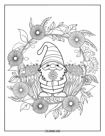 Desenho de gnomo de verão para colorir para adultos: Um gnomo segura uma margarida dentro de uma mandala de flores e cipós de verão