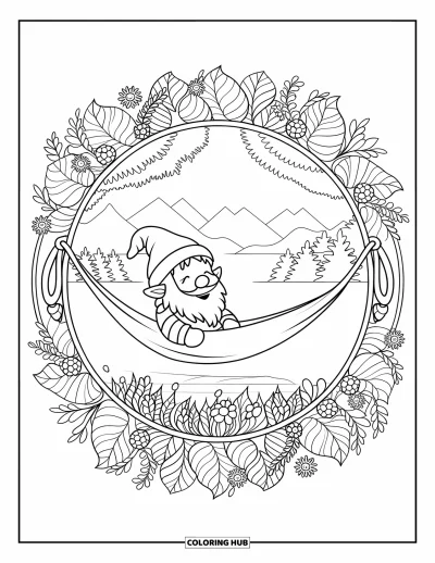 Desenho de gnomo de verão para colorir para adultos: Um gnomo balança suavemente em uma rede cercado por folhas, flores e cipós de verão