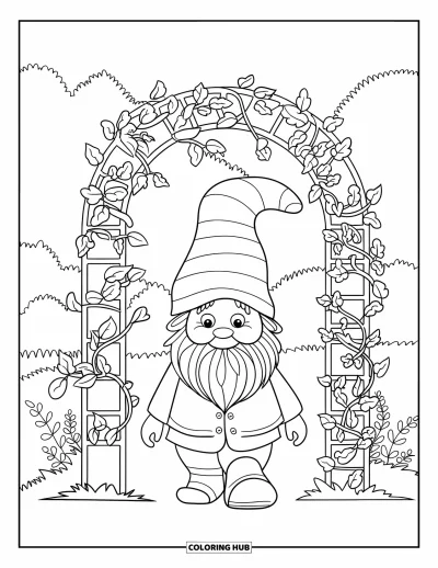Desenho de gnomo de verão para colorir para adultos: Um gnomo caminha sob um arco coberto de hera em um jardim florido de verão