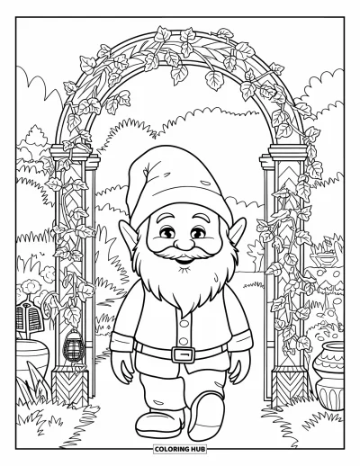 Desenho de gnomo de verão para colorir para adultos: Um gnomo atravessa um arco floral com lanternas e padrões de folhas