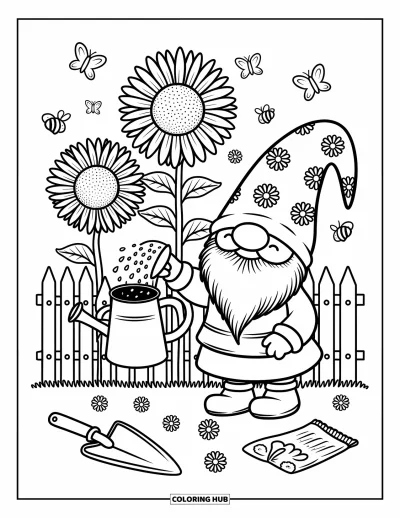 Desenho de gnomo de verão para colorir para adultos: Um gnomo rega girassóis altos enquanto abelhas e borboletas dançam ao redor