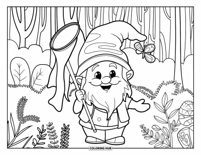 Desenho de gnomo de verão para colorir para adultos: Um gnomo com rede fica em um jardim de ervas com plantas curvilíneas de verão