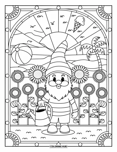 Desenho de gnomo de verão para colorir para adultos: Um gnomo com regador está em um canteiro de girassóis cheio de alegria