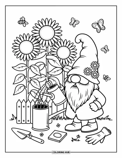 Desenho de gnomo de verão para colorir para adultos: Um gnomo alegre com chapéu de margarida rega girassóis enquanto abelhas voam ao redor