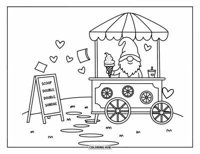 Desenho de gnomo de verão para colorir para adultos: Um gnomo sorridente oferece bolas de sorvete de um carrinho alegre com guarda-sol listrado