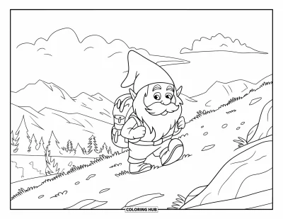Desenho de gnomo de verão para colorir para crianças: Um gnomo com barba sobe uma trilha rochosa com montanhas e árvores atrás