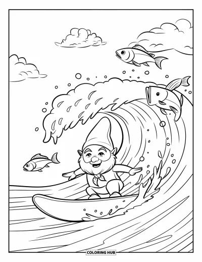 Desenho de gnomo de verão para colorir para crianças: Um gnomo se equilibra em uma prancha de surfe cercado por peixes e nuvens
