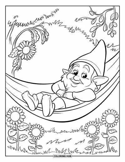Desenho de gnomo de verão para colorir para crianças: Um gnomo relaxa em uma rede cercado por flores alegres de verão