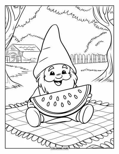Desenho de gnomo de verão para colorir para crianças: Um gnomo come melancia com um chalé e árvores ao fundo