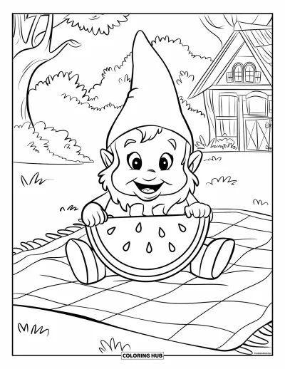 Desenho de gnomo de verão para colorir para crianças: Um gnomo aprecia melancia em uma manta de piquenique sob árvores sombreadas