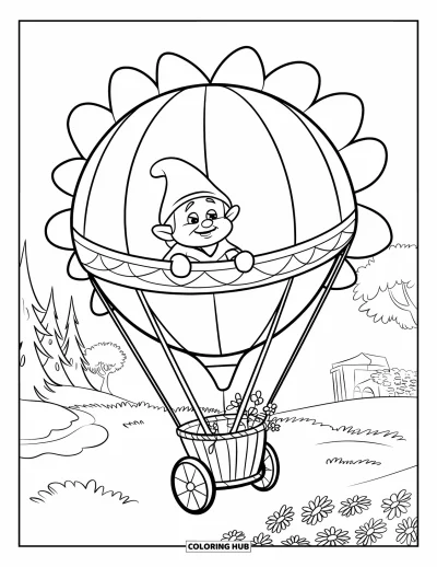 Desenho de gnomo de verão para colorir para crianças: Um gnomo voa em um balão de girassol sobre árvores e uma casa tranquila
