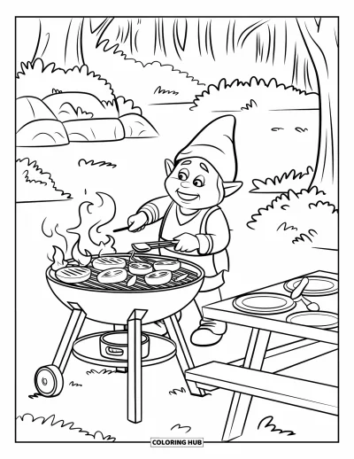 Desenho de gnomo de verão para colorir para crianças: Um gnomo grelha pimentões e tomates ao lado de uma mesa de piquenique na floresta