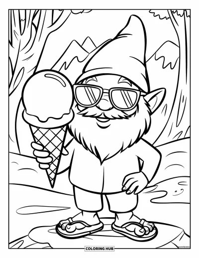 Desenho de gnomo de verão para colorir para crianças: Um gnomo sorri com sorvete perto de montanhas e céu ensolarado