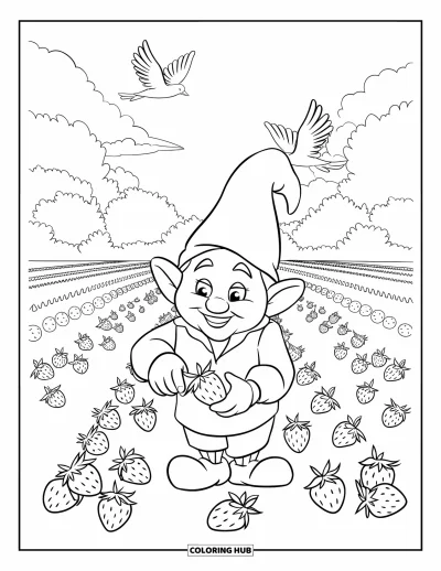 Desenho de gnomo de verão para colorir para crianças: Um gnomo colhe morangos com pássaros voando sobre um campo aberto
