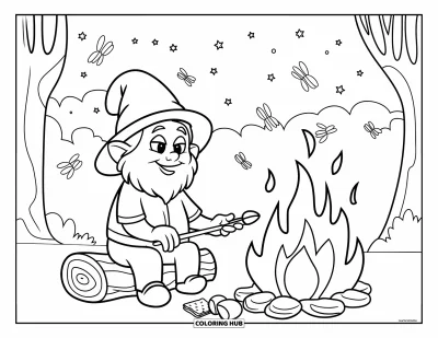 Desenho de gnomo de verão para colorir para crianças: Um gnomo de camisa azul assa marshmallows ao lado de uma fogueira brilhante