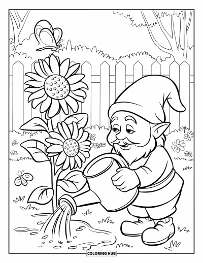 Desenho de gnomo de verão para colorir para crianças: Um gnomo rega girassóis em um jardim com flores desabrochando ao redor