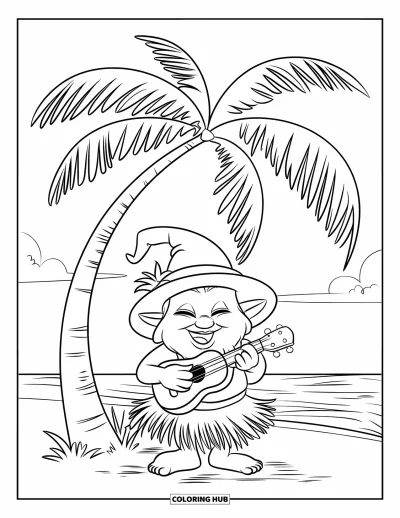 Desenho de gnomo de verão para colorir para crianças: Um gnomo com saia de palha toca música em uma praia tranquila
