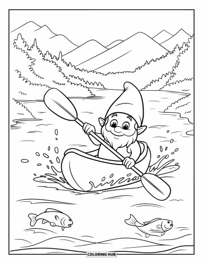 Desenho de gnomo de verão para colorir para crianças: Um gnomo em um caiaque flutua por um rio com montanhas ao fundo