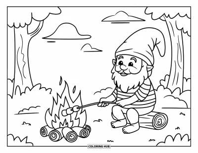 Desenho de gnomo de verão para colorir para crianças: Um gnomo listrado torra marshmallows sob árvores e um céu nublado