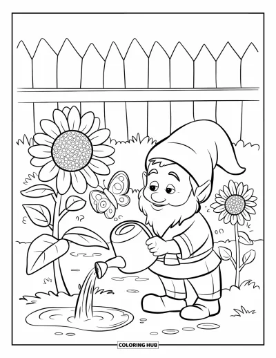 Desenho de gnomo de verão para colorir para crianças: Um gnomo listrado rega girassóis vibrantes ao lado de uma cerca de jardim