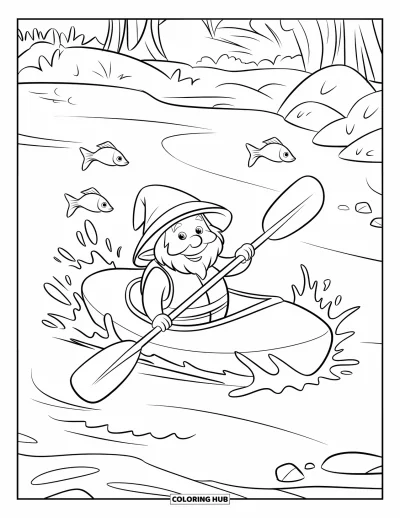 Desenho de gnomo de verão para colorir para crianças: Um gnomo desce de caiaque por um rio agitado com peixes saltando ao redor