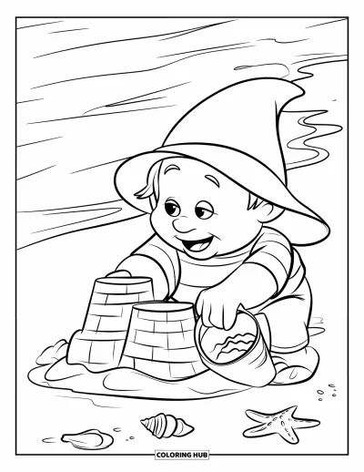 Desenho de gnomo de verão para colorir para crianças: Um gnomo constrói um castelo de areia e conchas perto do mar