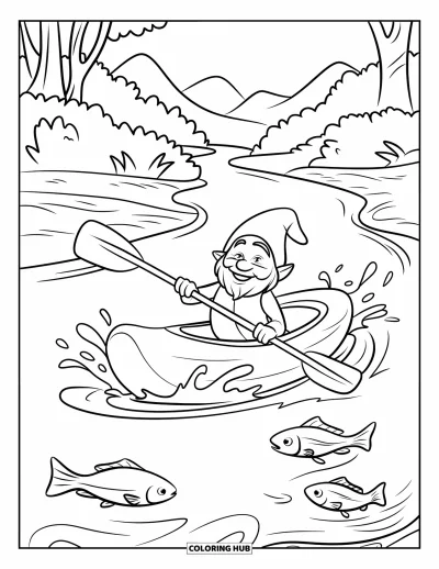 Desenho de gnomo de verão para colorir para crianças: Um gnomo rema por um rio sinuoso enquanto peixes saltam perto dele