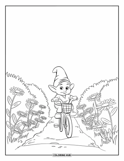 Desenho de gnomo de verão para colorir para crianças: Um gnomo pedala por um jardim florido com o céu limpo ao fundo