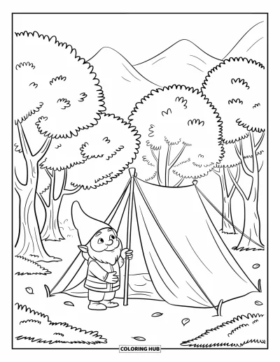 Desenho de gnomo de verão para colorir para crianças: Um gnomo arma uma barraca na floresta com montanhas ao longe