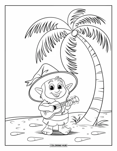 Desenho de gnomo de verão para colorir para crianças: Um gnomo toca ukulele sob uma palmeira agitada pela brisa na praia