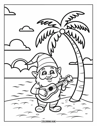 Desenho de gnomo de verão para colorir para crianças: Um gnomo toca ukulele sob palmeiras com o céu ao pôr do sol