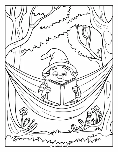 Desenho de gnomo de verão para colorir para crianças: Um gnomo descansa em uma rede com flores e folhas da floresta ao redor