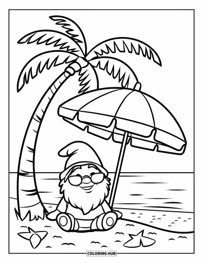 Desenho de gnomo de verão para colorir para crianças: Um gnomo relaxa sob uma palmeira ao lado de um guarda-sol de praia