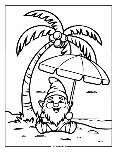 Desenho de gnomo de verão para colorir para crianças: Um gnomo descansa sob uma palmeira ao lado de um guarda-sol listrado