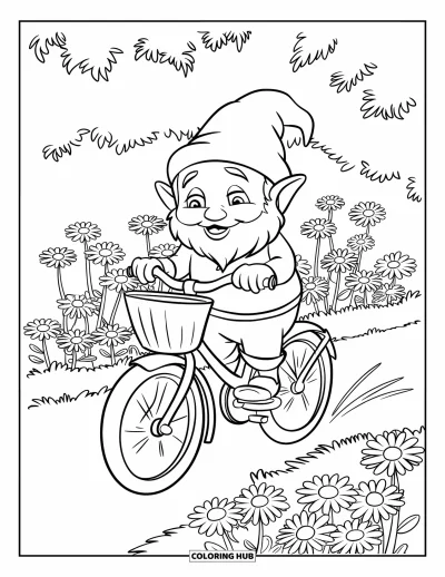 Desenho de gnomo de verão para colorir para crianças: Um gnomo anda de bicicleta por uma trilha de jardim cheia de margaridas