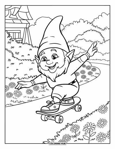 Desenho de gnomo de verão para colorir para crianças: Um gnomo anda de skate por uma trilha de jardim ladeada de flores