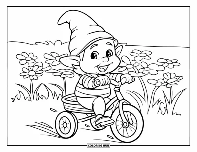 Desenho de gnomo de verão para colorir para crianças: Um gnomo pedala um triciclo por um campo florido com céu ensolarado