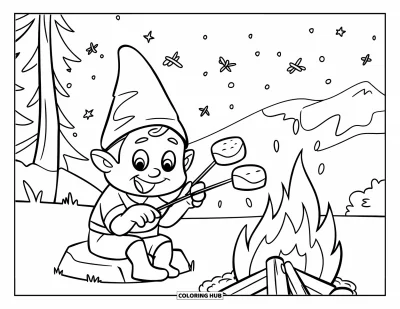 Desenho de gnomo de verão para colorir para crianças: Um gnomo assa marshmallows sob um céu estrelado com vaga-lumes brilhantes
