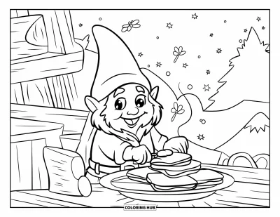 Desenho de gnomo de verão para colorir para crianças: Um gnomo senta junto à fogueira preparando s'mores sob as estrelas