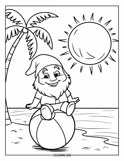 Desenho de gnomo de verão para colorir para crianças: Um gnomo senta em uma bola de praia sob um sol brilhante de verão